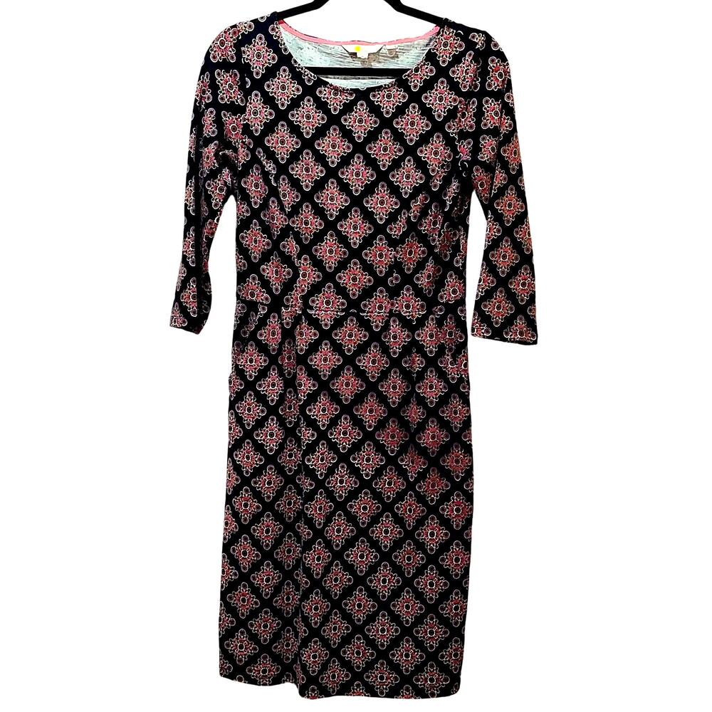 Boden Dress Daisy Tile Sz 6 UK 10 Floral Print Black Pockets 3/4 Sleeve Casual